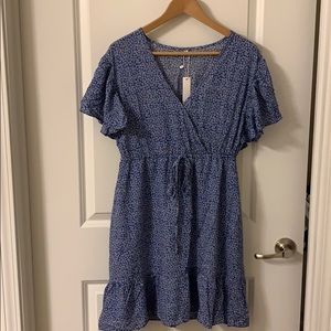 New faux wrap dress in blue!